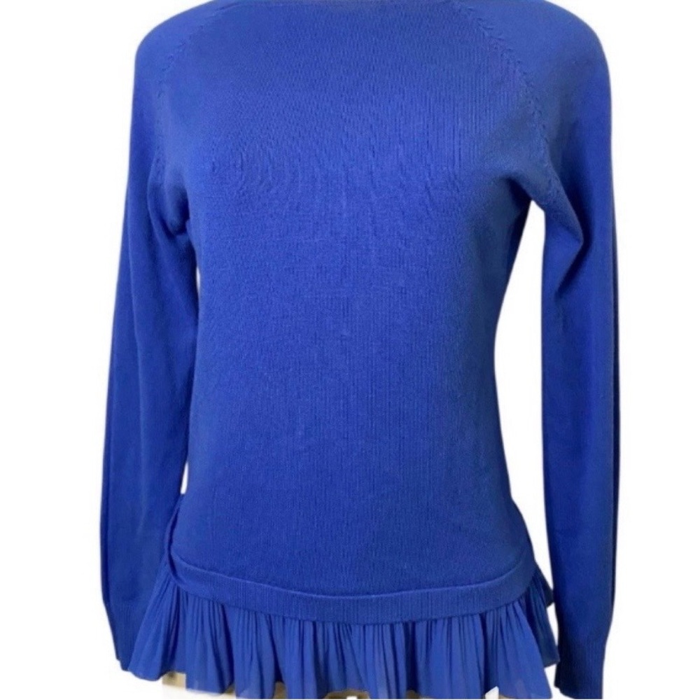 Elegant, Lightweight Blue Milano Wool Blend Sweater Chiffon Ruffle Trim size S